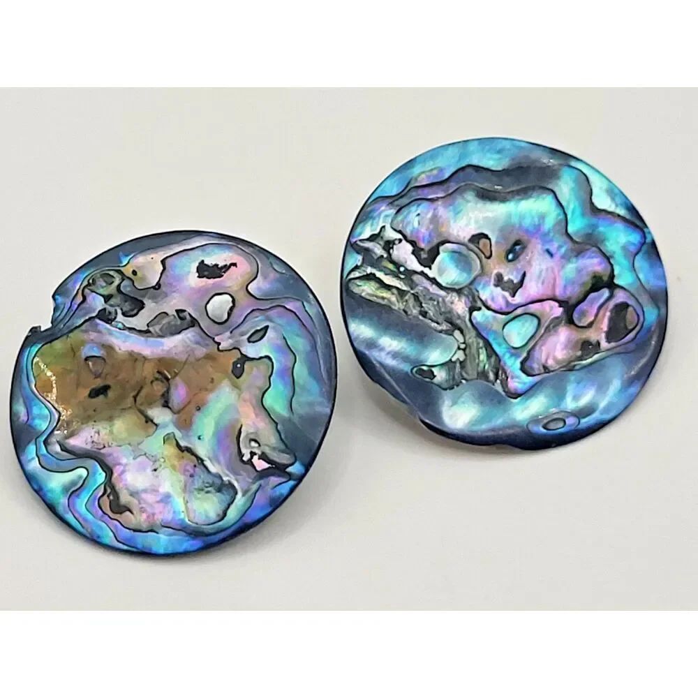 Vintage Mother of Pearl Abalone 60s Circle Post Stud Earrings 1.5in